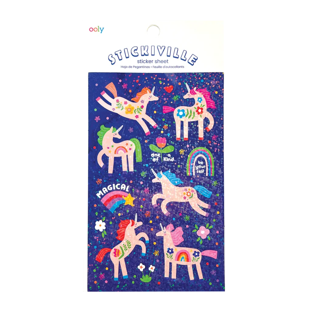 Colorful unicorn stickers on a blue background