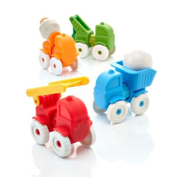 Colorful toy vehicles on white background.