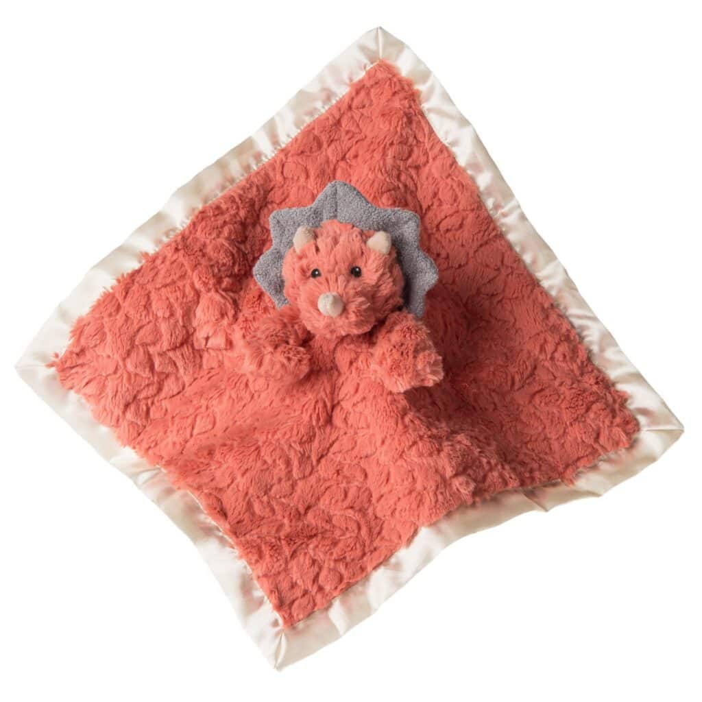 Pink dinosaur baby blanket with satin trim