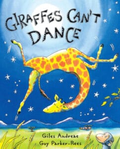 Giraffe dancing under the moon in a field.