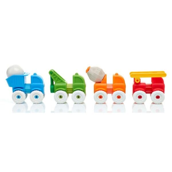 Colorful toy trucks lined in a row