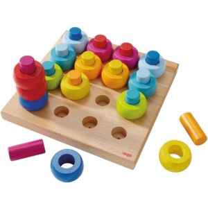 Colorful wooden stacking toy for kids' development.