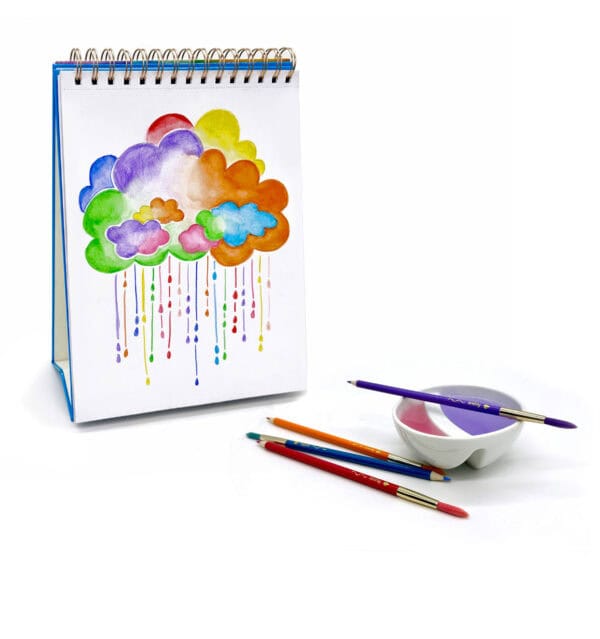 Colorful cloud painting with pencils and brushes