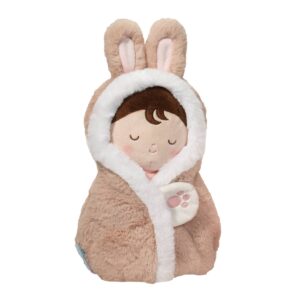 Plush toy with brown hair in bunny outfit