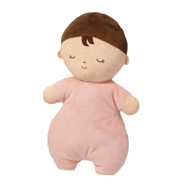 Soft baby doll with pink outfit and brown hair