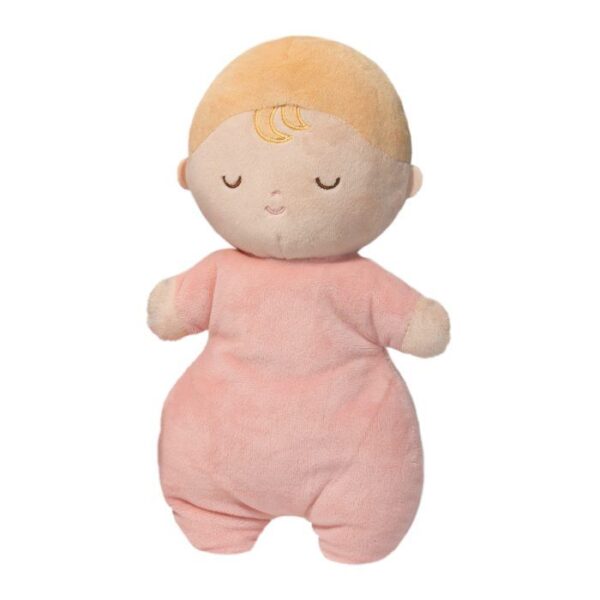 Plush baby doll in pink outfit