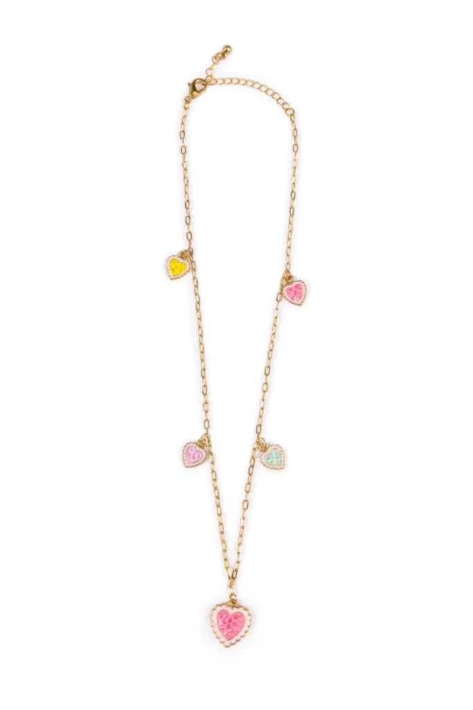 Gold necklace with colorful heart charms