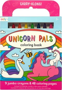 Unicorn coloring book with crayons and rainbow design.