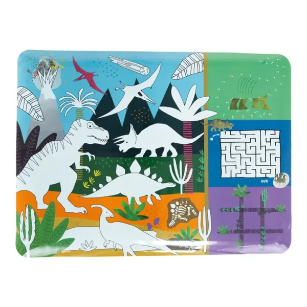 Colorful dinosaur illustration with games and puzzles.