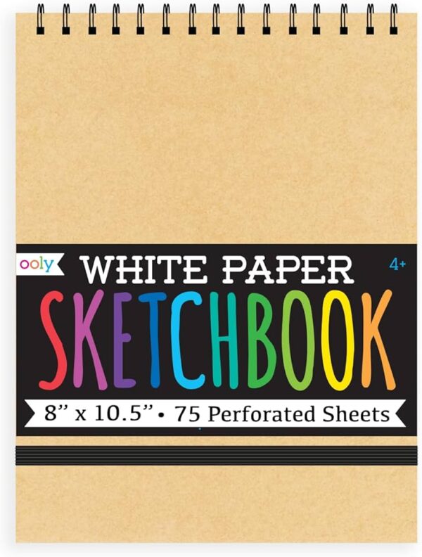 White paper sketchbook with 75 perforated sheets.