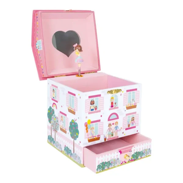 Pink jewelry box with ballerina figurine and mirror.