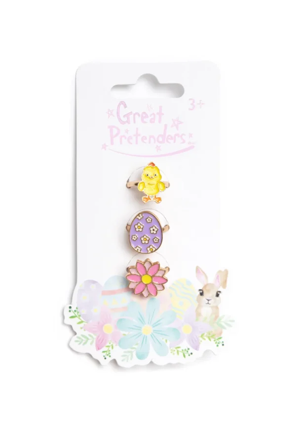 Easter-themed rings with chick, egg, flower designs.