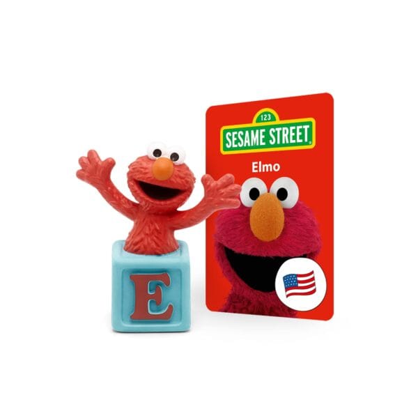 Elmo toy with Sesame Street card display.