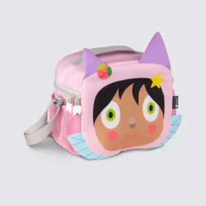 Kids pink lunchbox with cartoon face design.