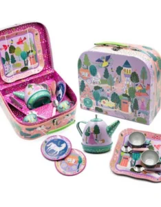 Colorful children's tea set with playful designs.