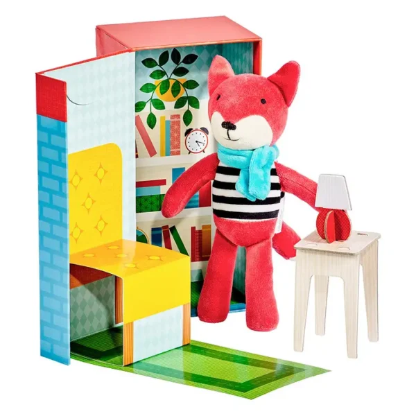 Toy fox with room and bookshelf setup.