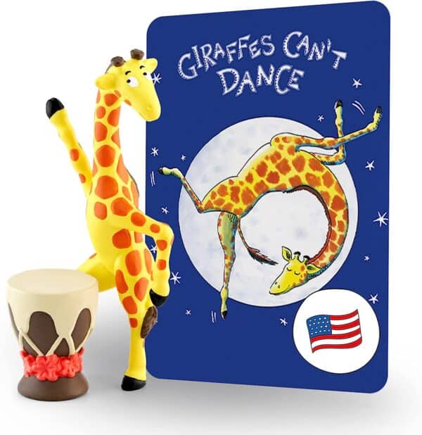 Giraffe figurine with musical drum and book.