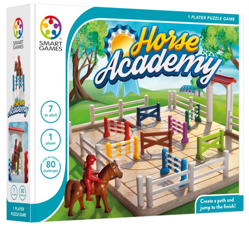 Horse Academy board game box, puzzle challenges.