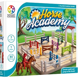Horse Academy board game box, puzzle challenges.