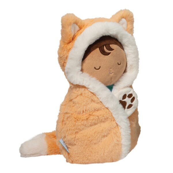 Plush doll in cat-themed orange and white costume.