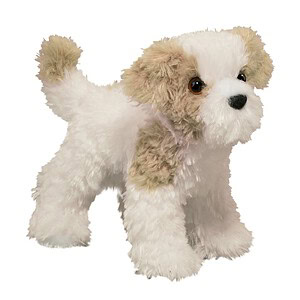 Fluffy white and brown stuffed puppy toy.
