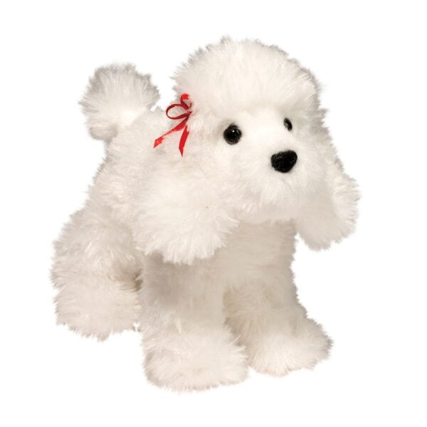 White plush poodle toy with red ribbon.