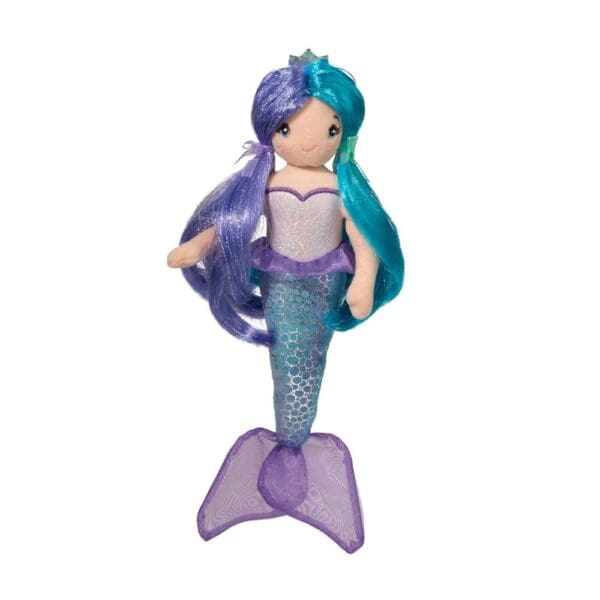 Colorful mermaid doll with long hair and tail.