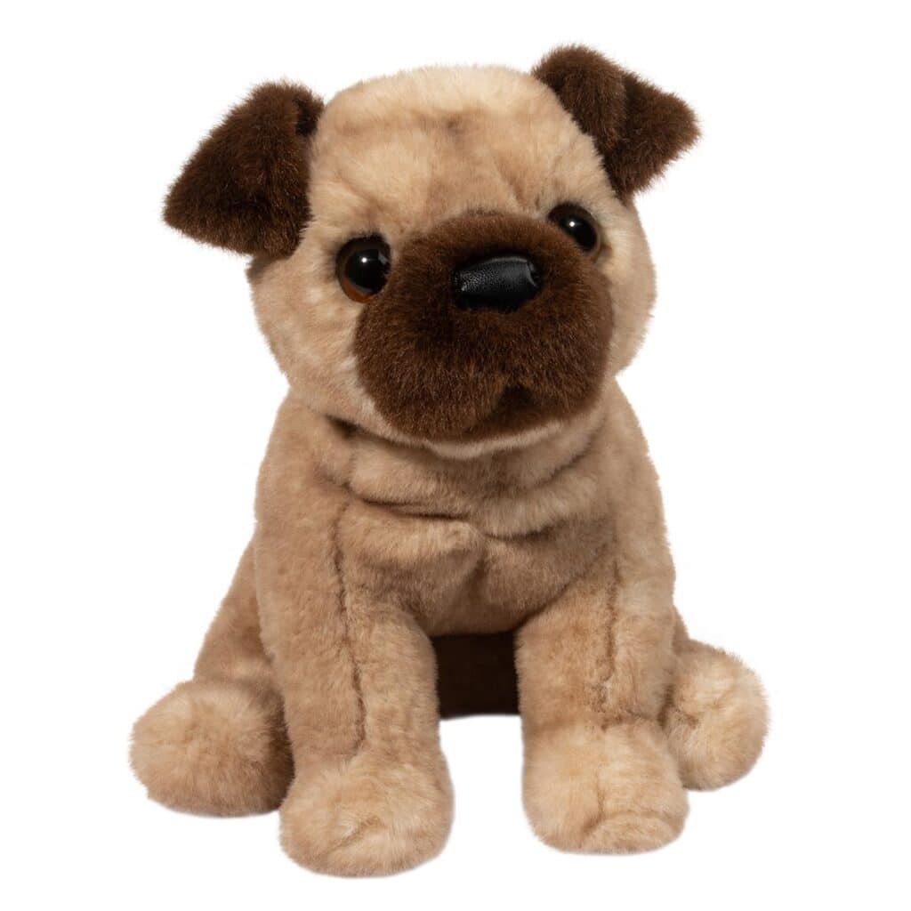 Plush pug toy with black nose and ears.