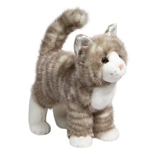 Soft plush tabby cat toy with white paws.