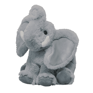 Gray plush elephant toy with big ears and tusks.