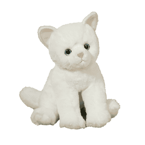 White plush cat toy with blue eyes