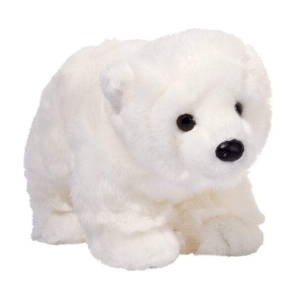 White polar bear plush toy on white background.