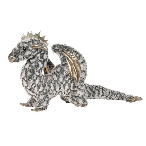 Plush gray dragon with metallic wings.