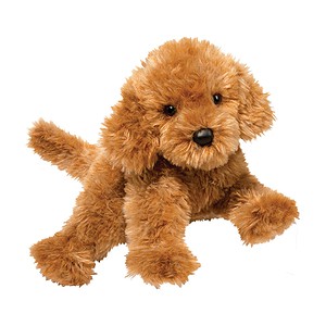 Fluffy brown stuffed puppy toy on white background.