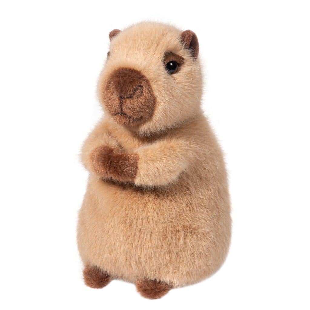 Cute plush capybara toy on white background.