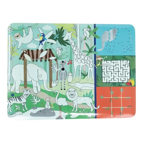 Colorful jungle animal illustration with maze and games.