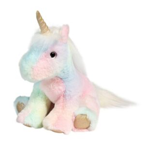 Colorful plush unicorn toy with golden horn