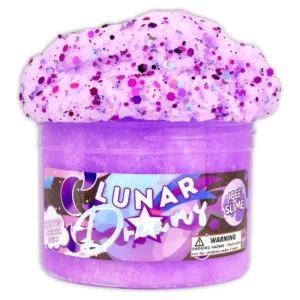 Purple glittery lunar-themed slime in a jar.