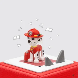 Toy dog figurine on a red speaker.