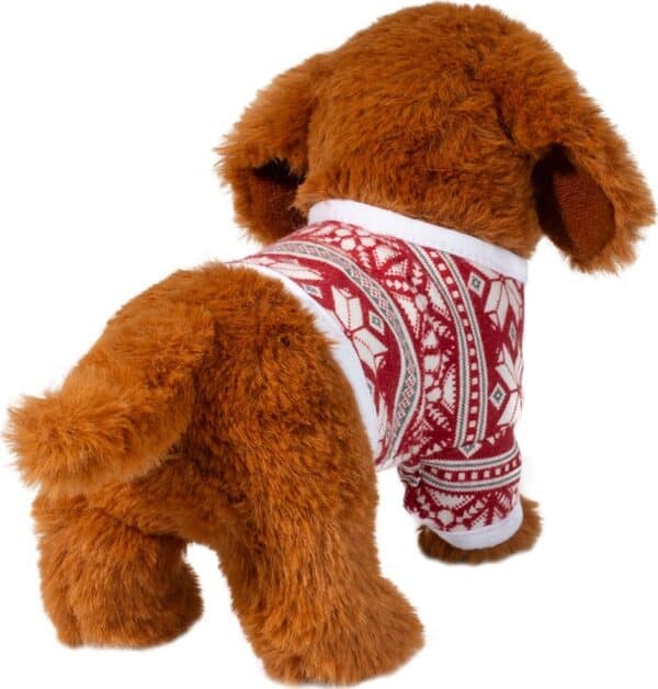 Brown plush dog in red winter sweater