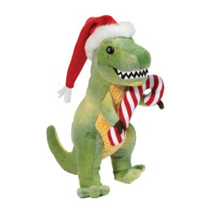 Plush dinosaur in Santa hat with candy cane.