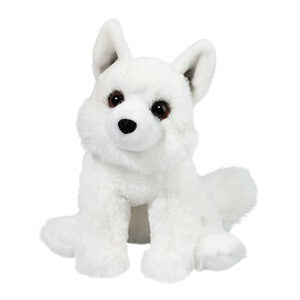 White plush husky toy with dark eyes