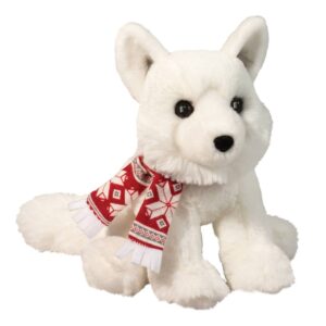 Plush white fox with festive scarf.