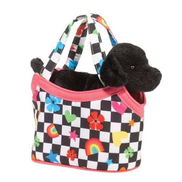 Colorful tote bag with black plush dog inside.