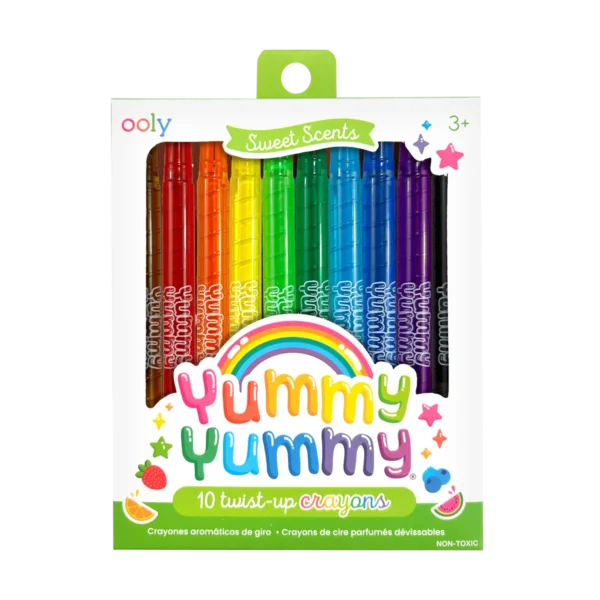 Colorful twist-up crayons in a box.