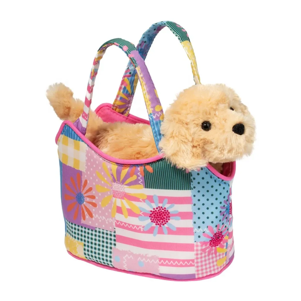 Plush puppy in colorful flower-patterned bag
