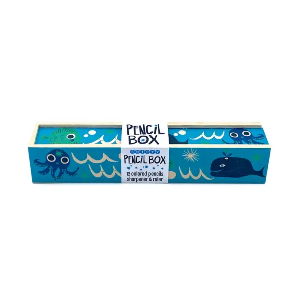 Sea-themed pencil box with whale and octopus design.