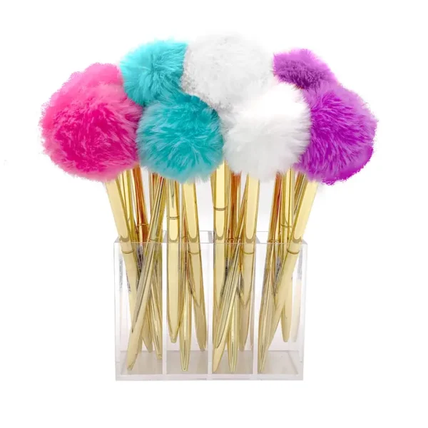 Colorful pom pom pens in a holder