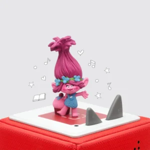 Pink troll toy on red audio box.