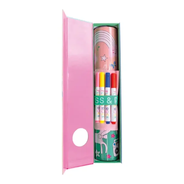 Coloring set with markers and designs in pink box.